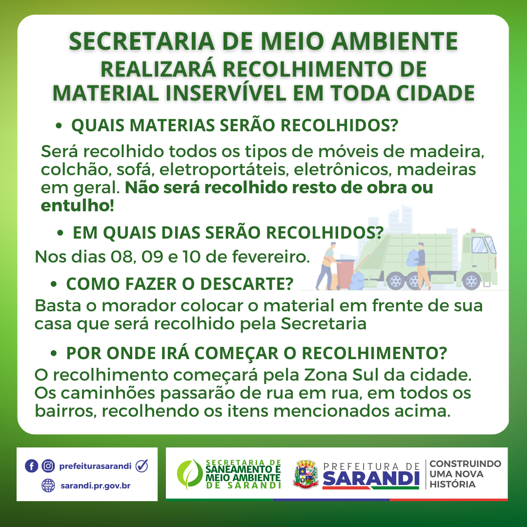 Secretaria de Meio Ambiente irá realizar recolhimento de materiais inservíveis em toda cidade