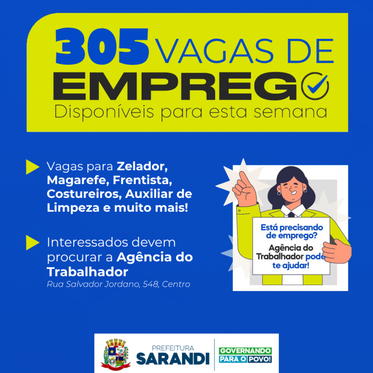 Agência do Trabalhador de Sarandi inicia semana com 305 vagas de emprego disponíveis