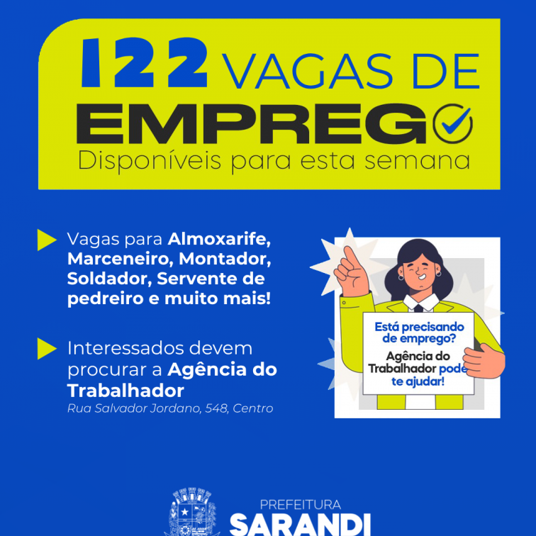 Agência do Trabalhador de Sarandi inicia a semana com 122 vagas de emprego