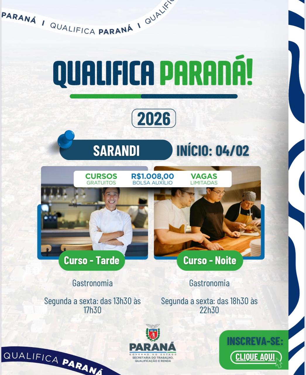 O Qualifica Paraná está com inscrições abertas para o curso de Gastronomia em Sarandi