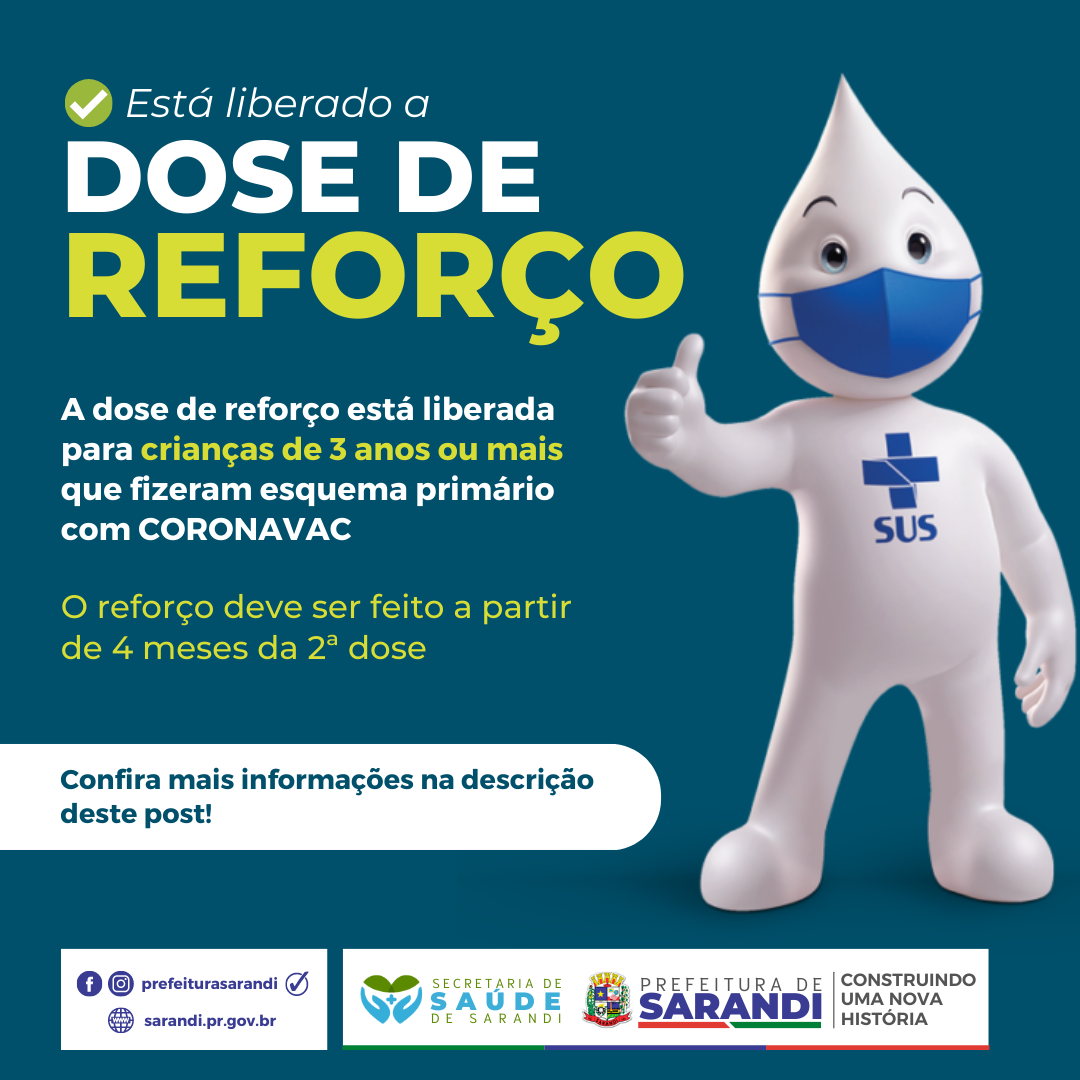 Secretaria de Saúde informa que está liberado dose de reforço para crianças de 3 anos ou mais
