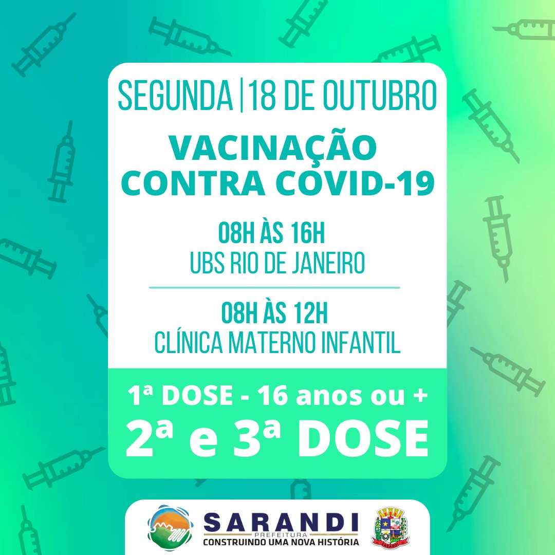 Cronograma de Vacinação contra Covid-19 - Segunda-feira - 18/10/2021